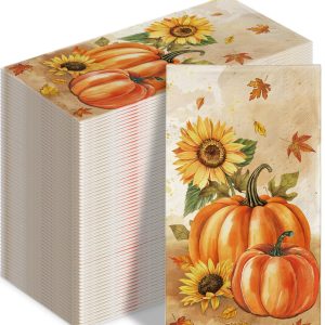 100 Pcs Fall Napkins, Fall Disposable Paper Decorative Guest Napkins, Thanksgiving Harvest Pumpkin & Sunflower Hand Towel for Party Lunch Dinner Kitchen Bathroom Decor