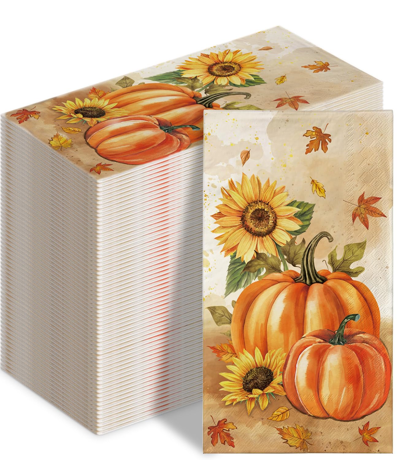 100 Pcs Fall Napkins, Fall Disposable Paper Decorative Guest Napkins, Thanksgiving Harvest Pumpkin & Sunflower Hand Towel for Party Lunch Dinner Kitchen Bathroom Decor