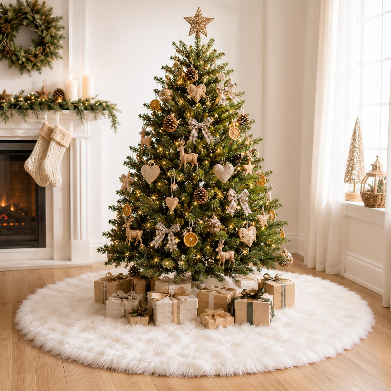 YEAHOME Christmas Tree Skirt, 36 Inch White Soft Faux Fur Tree Skirts Plush Christmas Decorations, White Ornaments Christmas Tree Skirts Xmas Decorations Indoor Holiday Party Decor