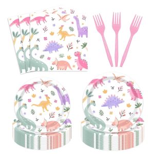 Dinosaur Birthday Tableware Party Decorations for Girls, 24 Guests