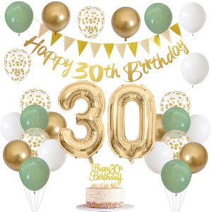30th Birthday Decorations Women, Sage Green Gold Number 30 Party Balloons