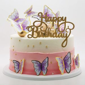 60Pcs Butterfly Cupcake Topper Purple Gold, Lively 3D Butterflies with Happy Birthday Topper for Cake Decor Birthday Anniversary Kids Wedding Girl Women Party Wall Food Decorations,Mixed Size