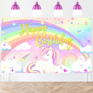Lecheme Rainbow Unicorn Birthday Backdrop Photo Banner Decorations 6x3.6 ft