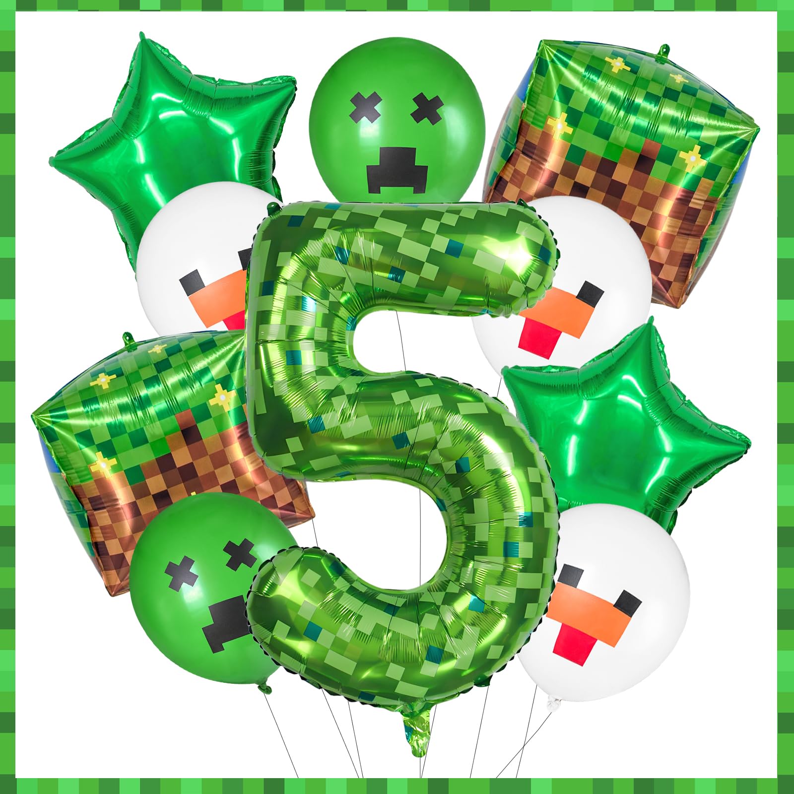 FJZEPIN 40 Inch Giant Green Pixel Miner Themed Number Foil Balloons, Mining Green Birthday Party Decorations Bundle 0-9 Optional Kids Anniversary Balloon Party Supplies (Number 5)