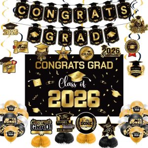 Graduation Decorations 2026 Gold Themed Set - Congrats Grad Banner, Class of 2026 Backdrop, Balloons & Streamers Kit - Complete Party Supplies for High School & College Celebrations