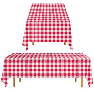 Gatherfun 3PCS Red White Gingham Rectangular Waterproof Tablecloth 54X108Inch Disposable Plastic Table Cover with…
