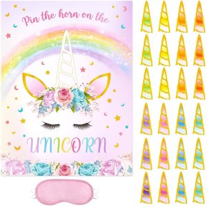 WERNNSAI Pin The Horn on The Unicorn Rainbow Birthday Party Games for Kids