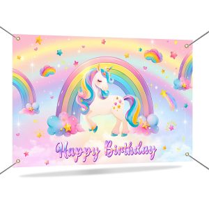 Mocsicka Unicorn Birthday Banner Backdrop Pastel Rainbow Unicorn Backdrop for Girls Birthday Decorations Party Supplies 70.8 x 43.3 Inch