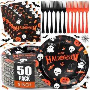 150Pcs 9 Inch Halloween Paper Plates and Napkins Party Supplies, Serves 50