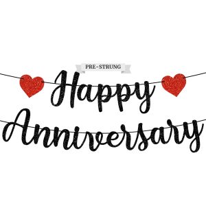 Pre-Strung Happy Anniversary Banner - Black Glitter Anniversary Banner