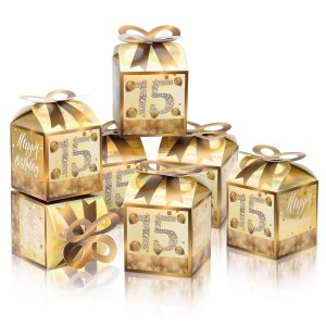 50Pcs 15th Birthday Boxes, Gold Quinceanera Sweet 15 Party Bags Bulk