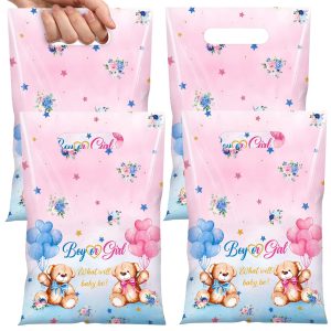 Pajean 50 Pcs Bear Gender Reveal Gift Bags Plastic Baby Shower Treat Bags