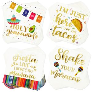 100 Pack Mexican Fiesta Napkins for Cinco de Mayo Party Supplies, Taco Fiesta Decorations in 4 Designs (5x5 In)