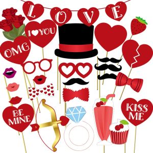 Valentines Day Photo Booth Props 35 PCS, DIY Funny Disguise Props Valentines Day Decorations with Love Banner - Valentines Party Supplies Wedding Photo Props