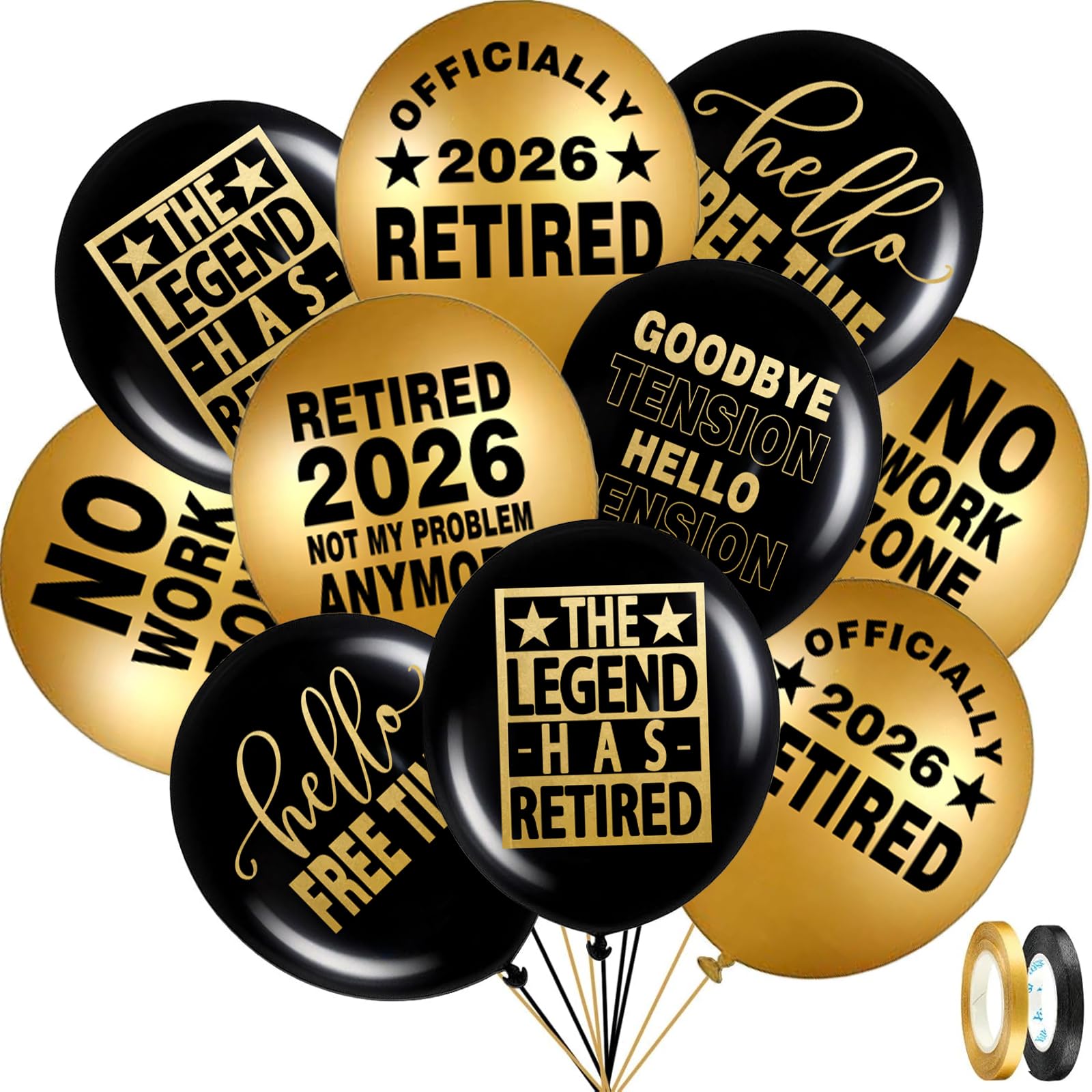 Happy Retirement Party Black and Gold Balloons for Retirement Party Decorations, Balloons designed specifically for a Retirement, 12inch Latex 24pcs Balloons for Party Supply