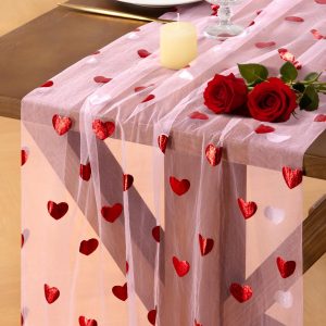 Gold Gauze Table Runner Red Heart Sheer Romantic Wedding Party Table Decor
