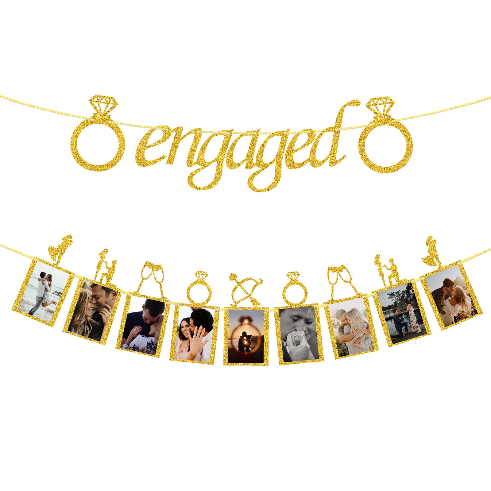 Engagement Wedding Decorations, Gold Engaged Banner and Photo Banner with Romantic Memories Picture Card Frames for Engaged/Wedding/Anniversary/Valentines Day Party