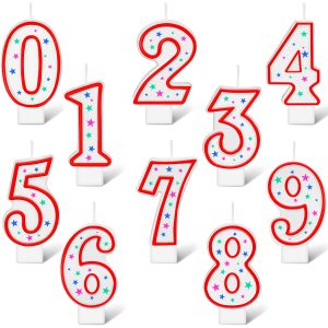 Nuanchu 10 Pcs Number Birthday Candles 0-9, Polka Dot Star Toppers,Red