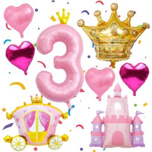 Princess Birthday Balloons,Large Pink Crown 3 Balloon,Castle Balloon Gold Crown Foil Balloons Carriage Balloon,3rd Girl Princess Party Decorations Supplies Favors(3rd)