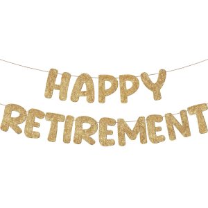 Fulmoon Pre Strung Happy Retirement Banner Glitter Sign, Champagne Gold