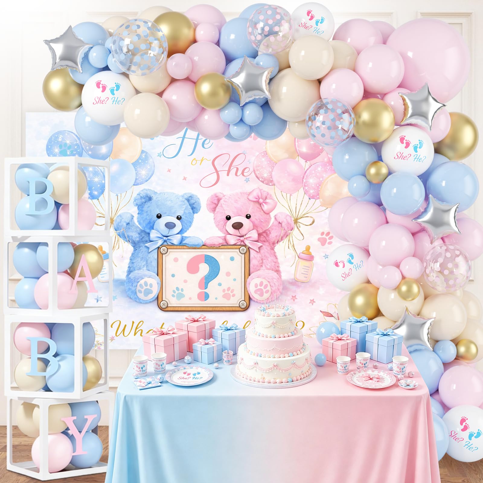 Bear Gender Reveal Decorations, 136 Pcs Balloon Arch Kit with Display Boxes