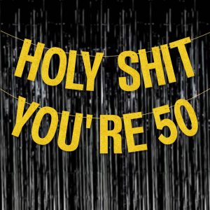 Yasmart Life 50th Birthday Decorations Banner | for Women Men Pre-Strung Gold Glitter Birthday Decoration Sign Funny…