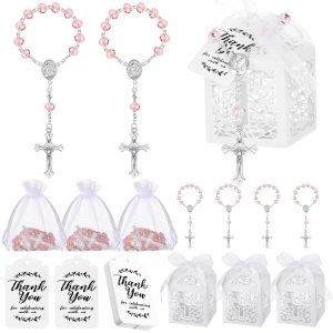 Yinkin 100 Pcs Rosary Baptism Favors Mini Rosary Bracelet Bags, Pink