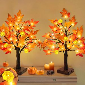 TURNMEON Thanksgiving Decor 2 Pack 18 Inch Prelit Fall Maple Tree 48 LEDs