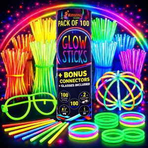 Ammy Glow Glow Sticks (205 Pcs Kit) Bulk Party Pack-100 Pack Glow Sticks with Connectors & Glasses- Party Favors for…