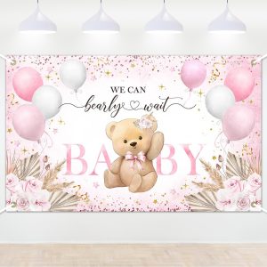 Lecheme Pink Bear Baby Shower Backdrop Bearly Wait Banner for Girl 6x3.6 ft