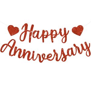 BEISHIDA Pre-Strung Glitter Red Happy Anniversary Banner Wedding Decor