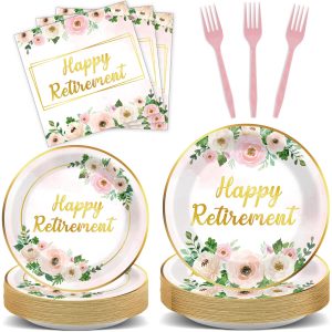 96Pcs Flower Retirement Party Decorations for Women White Peony Happy Retirement Plates Tableware Pink Gold Floral Retirement Dinnerware Napkin for Goodbye Going Away Farewell Party Supplies 24 Guests