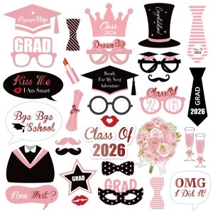 SWYOUN 31PCS 2026 Pink Graduation Photo Booth Props Congratulations 2026 Graduation Class of 2026 Party Supplies