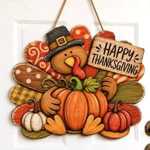 Happy Thanksgiving Door Sign, Thanksgiving Turkey Pumpkin Decorations