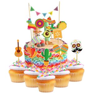 Adecortalk 48 Pcs Fiesta Cupcake Topper Mexican Cake Topper Cupcake Decorations for Fiesta Carnival Cinco de Mayo Taco Baby Shower Birthday Cake Party Decorations Supplies