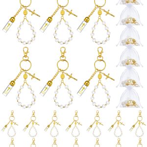 Blushtier 20 Set Holy Water Bottle Keychain with Rosary Bead Crucifix Organza Bags Catholic Gifts for Baptism Favors First Communion (Gold)