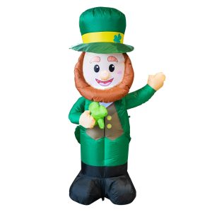 FUNPENY 4 Feet Inflatable St Patrick's Day Decoration, Blow Up Leprechaun with Green Hat and Lucky Clover in Hand for Indoor Outdoor Lawn Yard