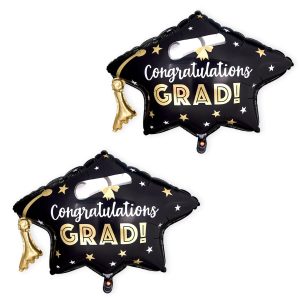 2Pcs Graduation Foil Balloons Class of 2026 Congrats Grad Cap Balloons Set Diploma Bachelor Grad Cap Aluminum Film Helium Balloon for College Congratulations Graduate Party Decorations, Black