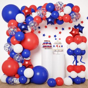 RUBFAC Red White and Blue Balloons Arch Kit, 4th of July Balloons Patriotic Decorations, Birthday Wedding Nautical Baseball Theme with Star Foil Balloons Decorations, 160pcs
