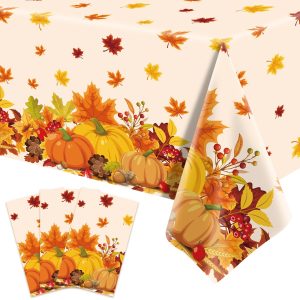 3-Piece 54 x 108 Inch Fall Harvest Plastic Tablecloth - Autumn Maple Leaves Disposable Rectangle Table Cover for Thanksgiving Day Parties, Dinners, and Celebrations, Indoor Outdoor Table Decorations
