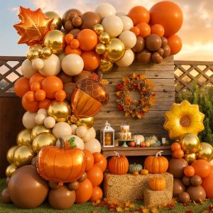 Fall Party Decoration Balloon Arch Kit, Orange Burgundy Brown Beige White Balloons with Maple Leaves Pumpkin Foil Balloons Garland for Thanksgiving Autumn Harvest Birthday Baby Shower Decor Supplies