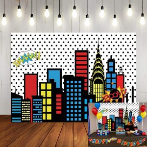 Art Studio 7x5ft Superhero Super City Photography Backdrops Skyline Buildings City Boom Photo Background Children Birthday Party Banner Photo Studio Booth Cake Table Decor Vinyl
