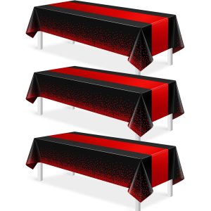 MASHAN 3Pcs Black and Red Tablecloth Party Decorations,Plastic Black Table Cloth Printed Red Table Runner Disposable…