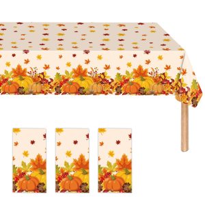 3 Pieces Thanksgiving Disposable Tablecloth, 54 x 108 Inch Rectangle Waterproof Plastic Fall Thanksgiving Theme Tablecloth for Harvest Party Table Decoration