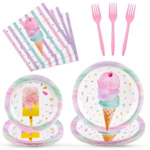 WERNNSAI Ice Cream Party Decorations 96 PCS Ice Cream Plates Napkins Forks