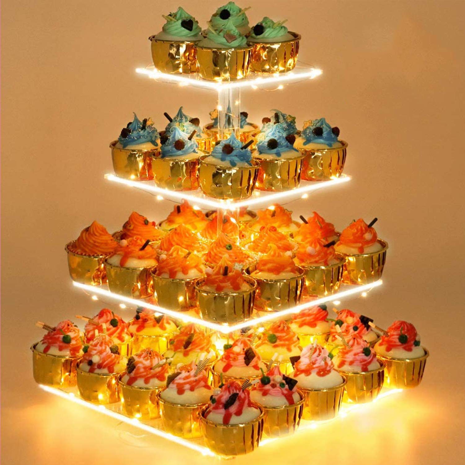 YestBuy Cupcake Stand with Yellow LED Lights, 4 Tier Cupcake Stand for 50 Cupcakes, Acrylic Cupcake Tower Stand, Clear Tiered Cupcake Holder for Birthday Candy Bar Décor Weddings, Parties Events