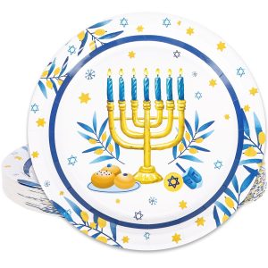 Whaline 24Pcs Hanukkah Paper Plates Menorah Chanukah Disposable Plates Watercolor Blue White Dinner Plates for Winter Holiday Party Supplies Table Decor, 9 Inch