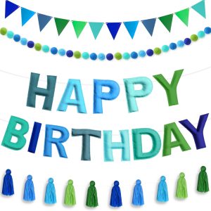 4PCS Pre-Strung Happy Birthday Banner - Felt Happy Birthday Garland, Ball Garland, Felt Pennant Flag, Colorful Thread Tassel Rainbow Party Decorations for Women Men Kids