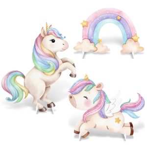 LawnIdyll 3Pcs Unicorn Birthday Decorations, Large Rainbow Unicorn Cardboard Cutout Standup, Girls Baby Shower Party Signs for Photo Booth Props Backdrops Indoor Outdoor Cartoon Party Supplies