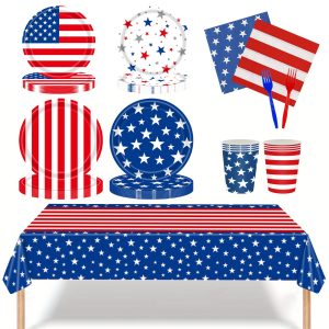 4th of July Decorations Patriotic Decorations Party Supplies Set for 24 Guests, Memorial Day Decorations with Plates, Napkins, Cups, Forks, Tablecloth, Fourth of July Decorations Patriotic Theme Kit